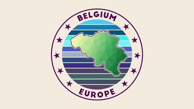 Belgium intro video. Badge with the circular name and map of the country in low poly tech geometric style. Creative country round logo animation.