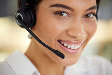 Happy, woman and face with microphone at call centre in closeup for telemarketing, customer service...