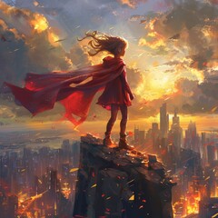 A young girl stands atop a cliff, her red cape billowing in the wind, embodying the spirit of a child superhero. - obrazy, fototapety, plakaty
