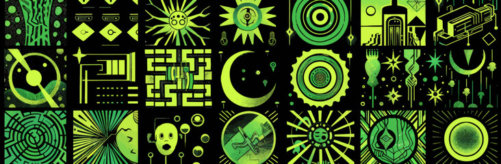 a black background with green and yellow designs