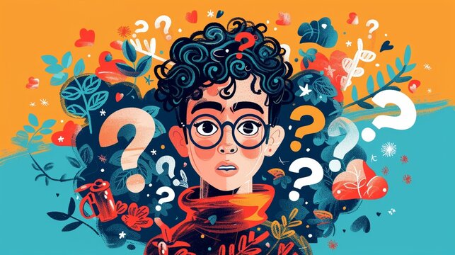 Vector graphic of a puzzled teen scholar, pondering with question marks, rendered in bright, studentfriendly hues