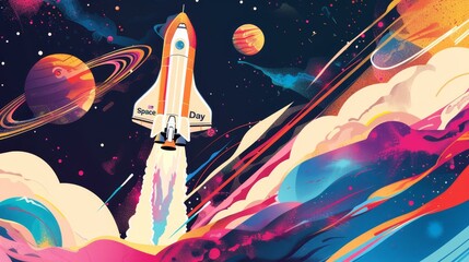 illustration with text to commemorate Space Day  - obrazy, fototapety, plakaty
