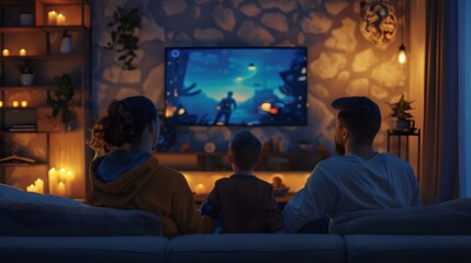 Family enjoying a cozy gaming evening at home, gathered on the couch. Playing video games together. Casual, entertainment lifestyle scene. AI