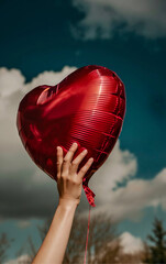A female hand pointing towards the sky, where a red heart-shaped balloon is floating.