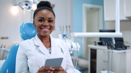 Fototapeta premium Radiant female dentist smiling confidently in a modern dental clinic. Professional dental care services. Friendly healthcare practitioner with tablet. AI