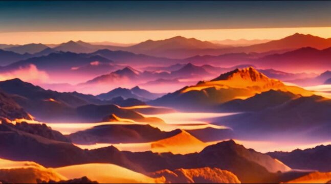 Mountain ridges painted in hues of sunset.
