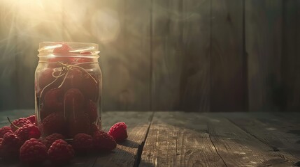 Homemade dessert of canned raspberries in a glass jar on a wooden table. An edible work of art, tempting and irresistible. - obrazy, fototapety, plakaty
