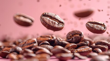   A heap of coffee beans cascading onto another heap on a pink backdrop
