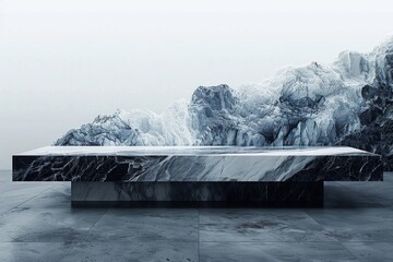 A sleek black and white marble table set against a backdrop of grand mountains, creating a striking contrast of natural beauty and modern design.