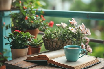Fototapeta na wymiar Cozy summer balcony with many potted plants, cup of tea and old vintage book