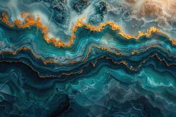 Abstract background, dark blue and gold marble texture, aerial view, smoke clouds. Created with Ai