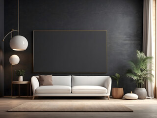 Large white empty screen in a living room interior on an empty dark wall background design,3D rendering