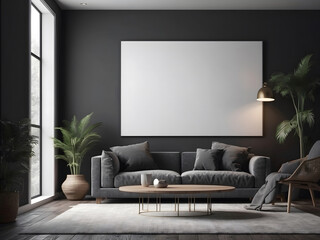 Large white empty screen in a living room interior on an empty dark wall background design,3D rendering