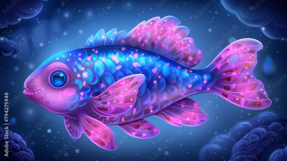 Wall mural   A blue-and-pink fish painted against a backdrop of soft clouds and a blue expanse, its body adorned with delicate bubbles