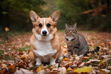 Naklejka na ściany i meble Corgi and tabby cat peacefully sit in autumn forest with vibrant leaves