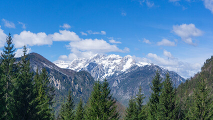 Fototapeta premium Snow mountain landscape on a sunny day in the Triglav National Park, Slovenia