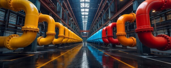 Fototapeta premium Colorful industrial pipes in factory corridor