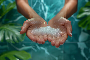A visual representation of hand disinfection with sanitizer gel being applied onto palms