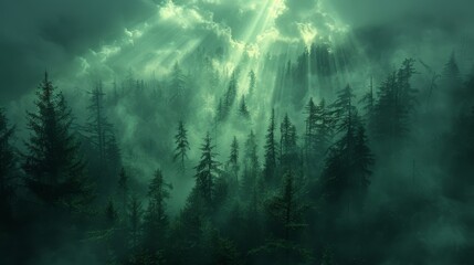   A fog-laden forest teems with numerous trees; sun lights up their summits