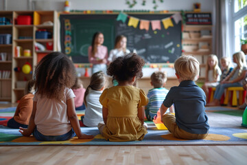 kids in elementary daycare sitting on floor, listening to teacher. nursery school children having...