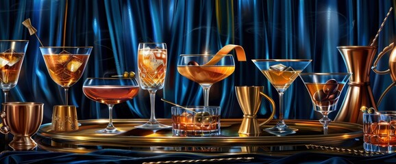 A variety of classic Italian cocktails, including the Sfumato Style Glass with an orange twist and dark olives on top Background Image,Desktop Wallpaper