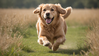 Golden Retriever Running Joyfully Through Field