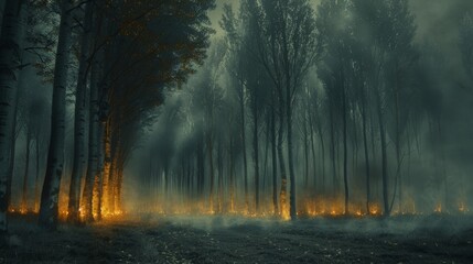   A forest teeming with numerous trees borders another forest of yellow and green fire extinguishers