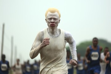 
An albino athlete competing fiercely in a local marathon, his determination and perseverance a testament to the strength of the human spirit