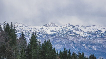 Mountain panorama on a cloudy day of the slovenian wilderness