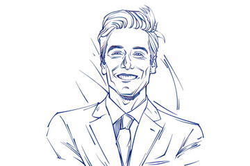 line drawing of businessman smiling. Isolated over white background