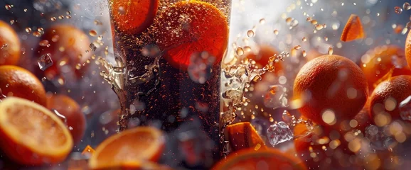 Foto op Plexiglas Cinematic photo of an clear glass with ice cubes, filled to the brim and overflowing, with orange slices flying out from inside, splashing into white background © ACE STEEL D