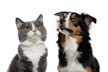 The gray and white cat and tricolor dog curiously gaze upwards together