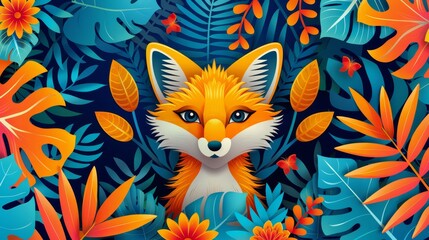  fox up-close among autumnal leaves and blooms, backdrop - blue sky