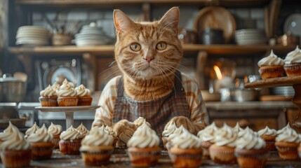 A curious cat stands behind a table filled with colorful cupcakes, seemingly ready to bake up a storm in the kitchen. - obrazy, fototapety, plakaty