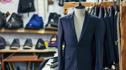 A new stylish suit on a mannequin awaits its customer in the atelier workshop. Classic and comfortable, designed to leave a lasting impression. - obrazy, fototapety, plakaty