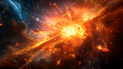 Obraz premium The exploding star shattered into pieces. In the middle of galaxy, far away.