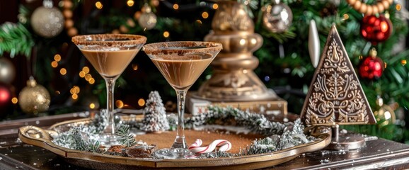 Fototapeta na wymiar Cocktail glasses with espresso martini and white chocolate players in front of a Christmas tree, on a tray decorated Background Image,Desktop Wallpaper