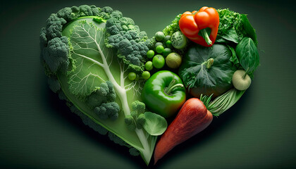 Heart shaped vegetables on a green background high resolution. Generative AI, - obrazy, fototapety, plakaty