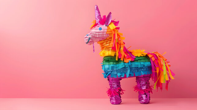 Colorful unicorn shaped Mexican pinata on a light pink background with copy space for text. Mexican fiesta concept. 