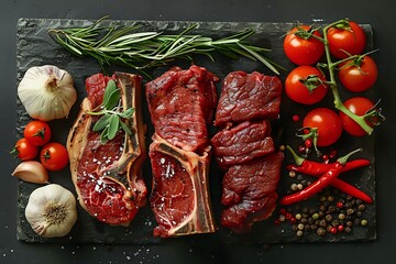 High-End Dining: Raw Meat and Fresh Ingredients in a Rustic Kitchen Setting