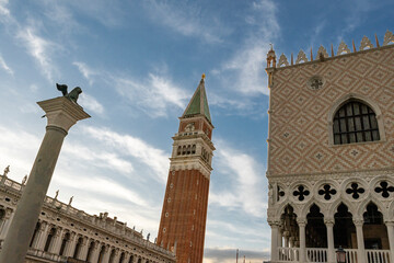 Venice, Italy: view from below of Piazza San Marco, with the iconic bell tower, the Palazzo Ducale...