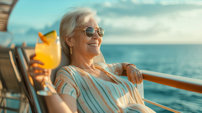 A senior woman is drinking a cocktail on the deck of a cruise ship at sea. - Powered by Adobe