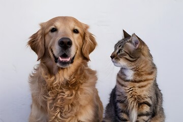 A delightful portrayal of a golden retriever and tabby cats unique bond