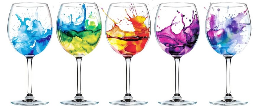 Five wine glasses, with colorful liquid splashes in each glass, against a white background, professional photography with studio lighting, a wide angle lens, taken Background Image,Desktop Wallpaper