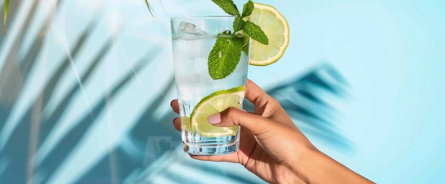 Hand holding a glass of lemon and mint water against a blue background, with soft shadow on the hand. Solid color background, flat lay photography, close up shot Background Image,Desktop Wallpaper