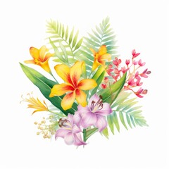 Obraz na płótnie Canvas Delicate watercolor artwork of tropical foliage and colorful spring flowers, beautifully isolated on white, water color, drawing style, isolated clear background
