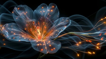   A tight shot of a flower with numerous lights in its petal core against a black backdrop