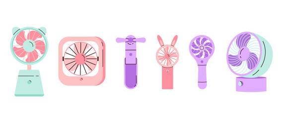 Set of portable electric fan. Various cooling fans: with cute bear ears, handheld. Various portable equipment for home and summer travel. Vector illustration in cartoon style. Isolated background © anniebirdie