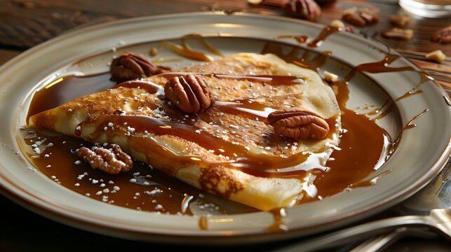 Gourmet crepe drizzled with caramel sauce and pecans. Delicious dessert presented on a plate. Perfect for a sweet-toothed indulgence. Captured in warm tones. AI