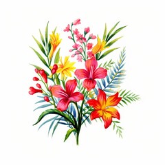 Fresh tropical floral arrangement in watercolors, vivid spring blooms and greenery, isolated white setting, water color, drawing style, isolated clear background